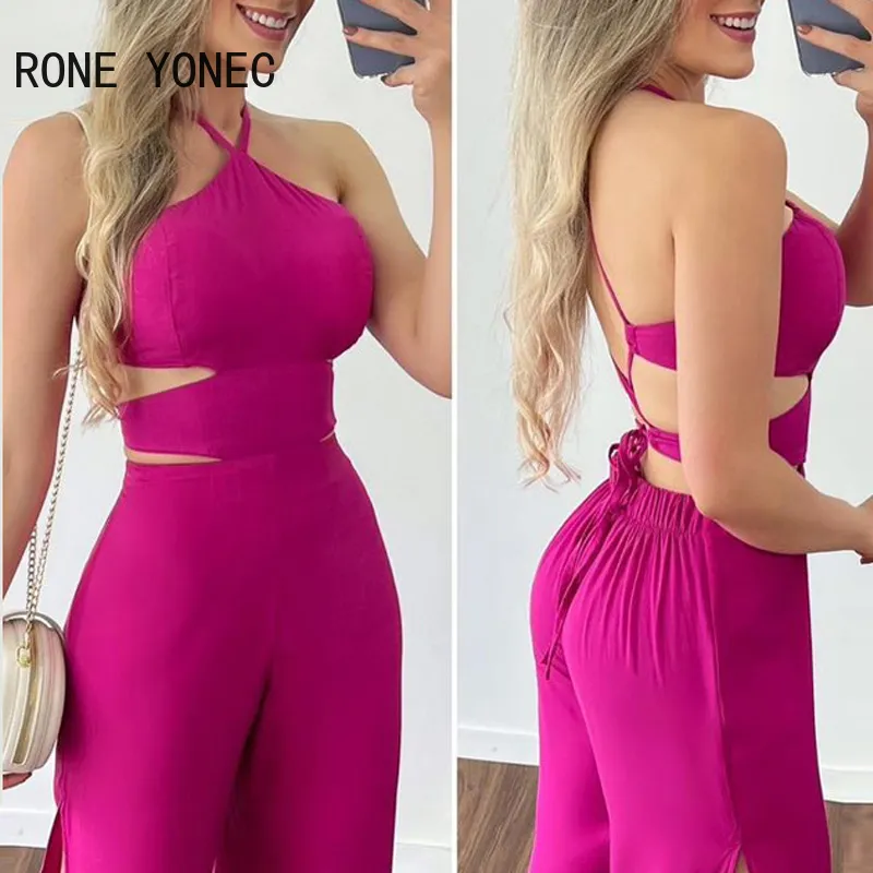 Women Solid Elegant Sexy Halter Cami Crop Top High Silt Elastic Waist Sexy Working Jumpsuit 220513