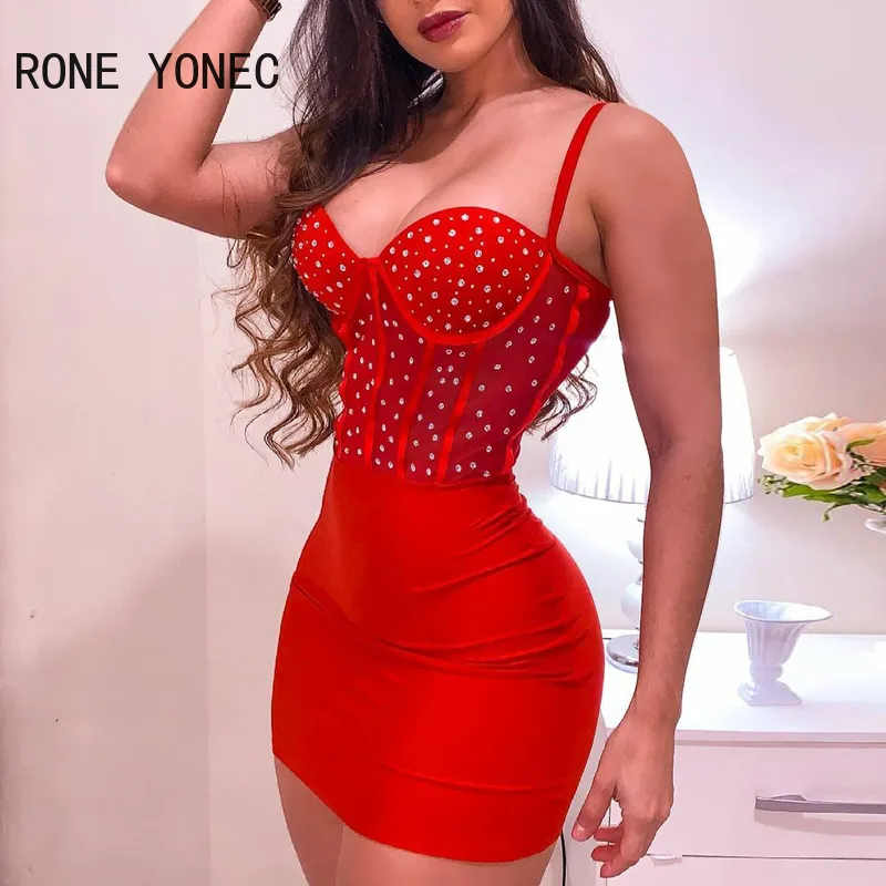 Women Solid Cami Studded Spaghetti Strap Mini Bodycon Sexy Party Red Dress 220406