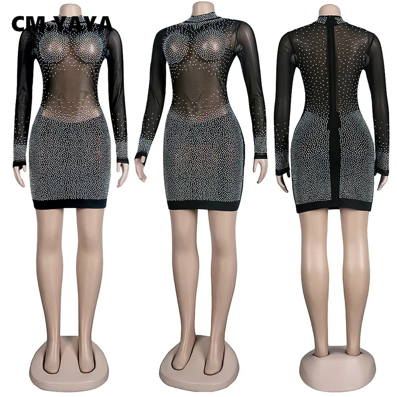 Cm.yaya femmes mini robe diamants maillots See-Through Bodycon Robes Sexy Night Club Party Vestidos Back Zip Vêtements Automne 220516