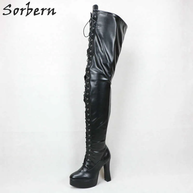 Sorbern BDSM 12cm Square Heel Laarzen Dames Platform Lace Up Crotch Dij Hoge Laarzen Goth Cosplay Fetish Boot Red Matte Aangepast