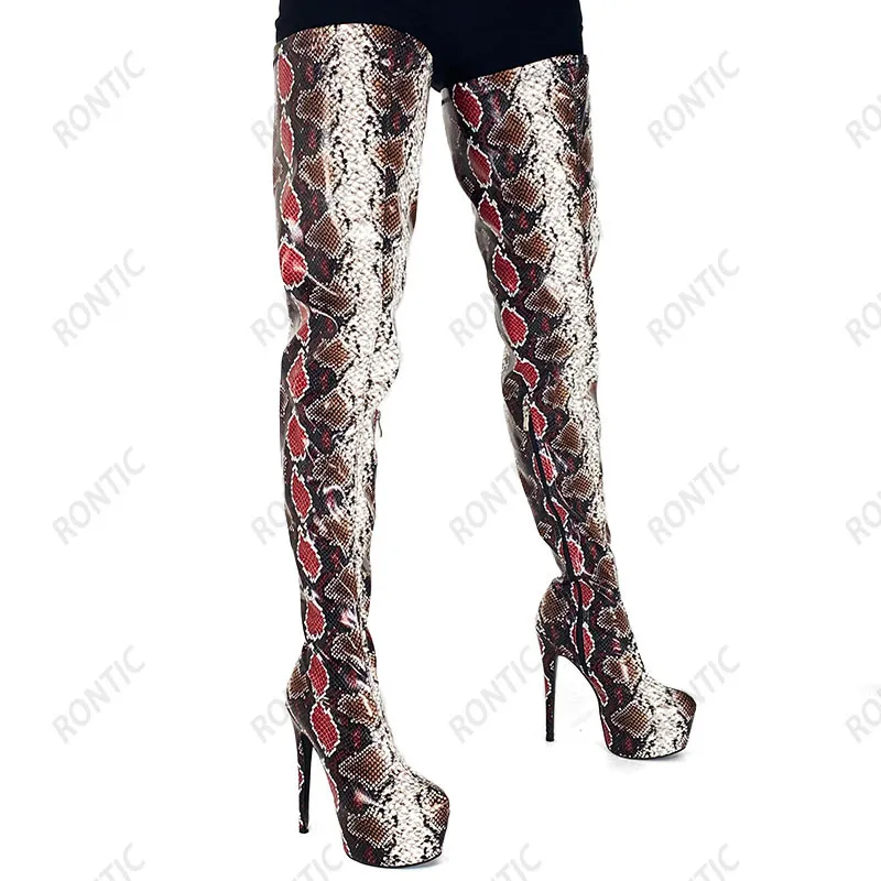 Rontic New Handmade Kobiety Wiosenne Buty Uda Side Zipper Stiletto Obcasy Okrągłe Toe Fabulous Snake Club Buty US Rozmiar 5-20