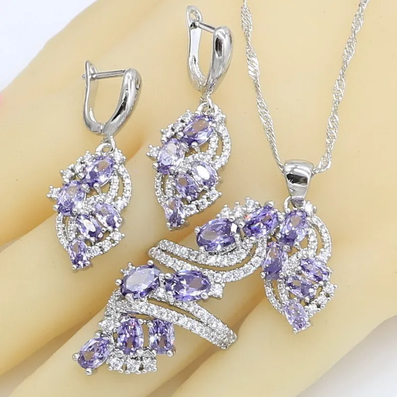 Zestawy biżuterii w Dubaju dla kobiet Wedding Purple Amethyst Naszyjnik Wisiorek Pierścień Bransoletka Podarunek 220725249p