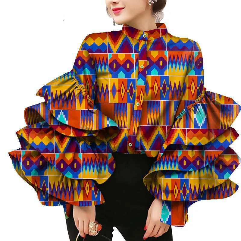 BintaRealWax African Dress Shirt Stand Collar Layers Flare Sleeve Women's Blouses Wax Print Cotton Top Plus Size Lady Clothes Party WY8635