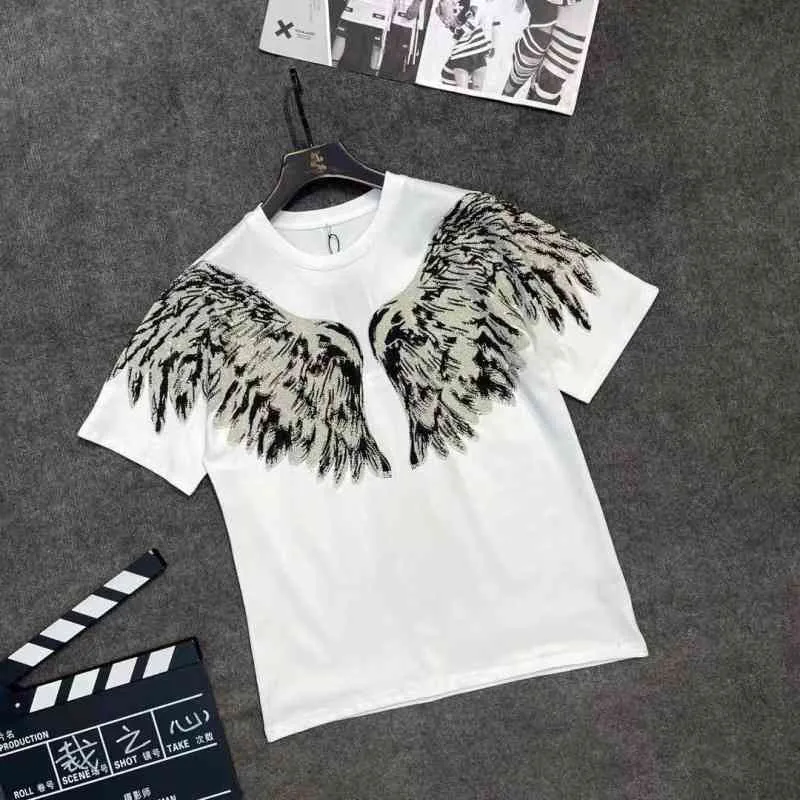 2022 Summer New High-end Fashion Brand Printed Wings Round Neck Short Sleeve Men's Slim Half Shirt