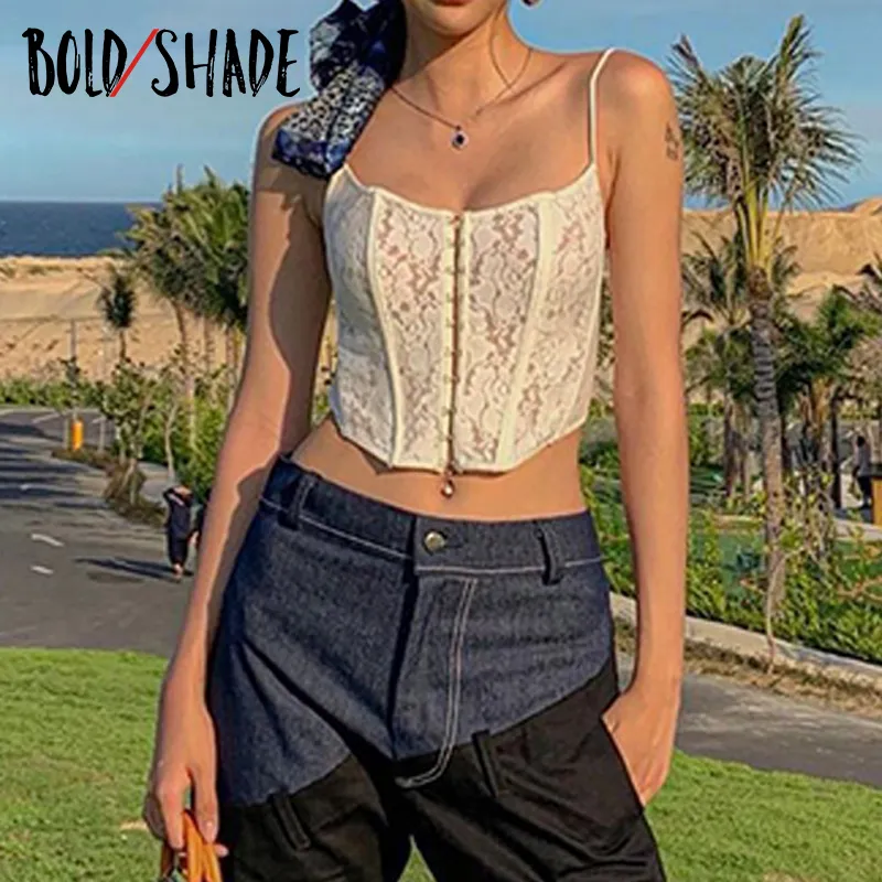 Bold Shade Y2K Lace Floral Spaghetti Strap Bustier Topps Sexig Indie Estetisk Fashion Streetwear Women Party Corset Topp Camisole 220407