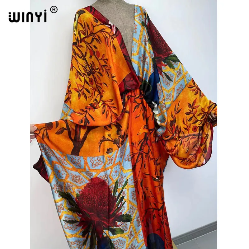 Sexy bech high quality hand rolled feel silk rayon fashion print WINYI Maxi women s robes long beach V neck Bohemian dress 220613