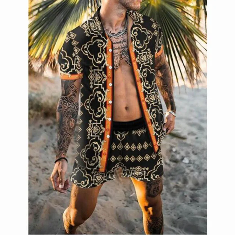 Mens Summer Hawaiian Vacation Shirt Shirt Set Fashion Beach Coco Print Shorts اثنين من قطعتين S3XL 220614
