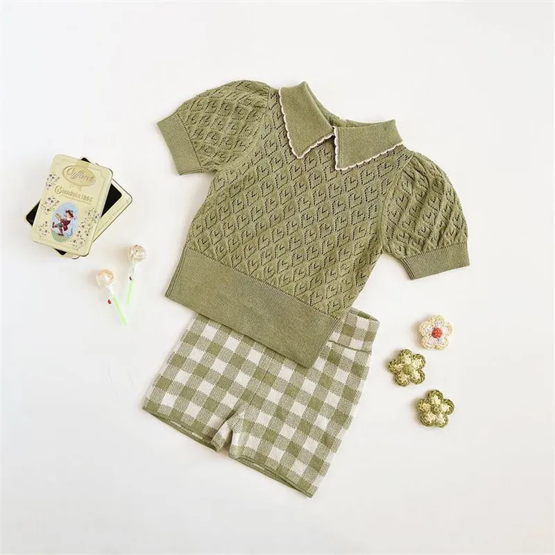 EnkeliBB Super Fashion Girls Summer Sling Vest and Pants Cute Green Plaid Knit Tops and Pants Outfits Misha Puff Baby Girl Sets 220509