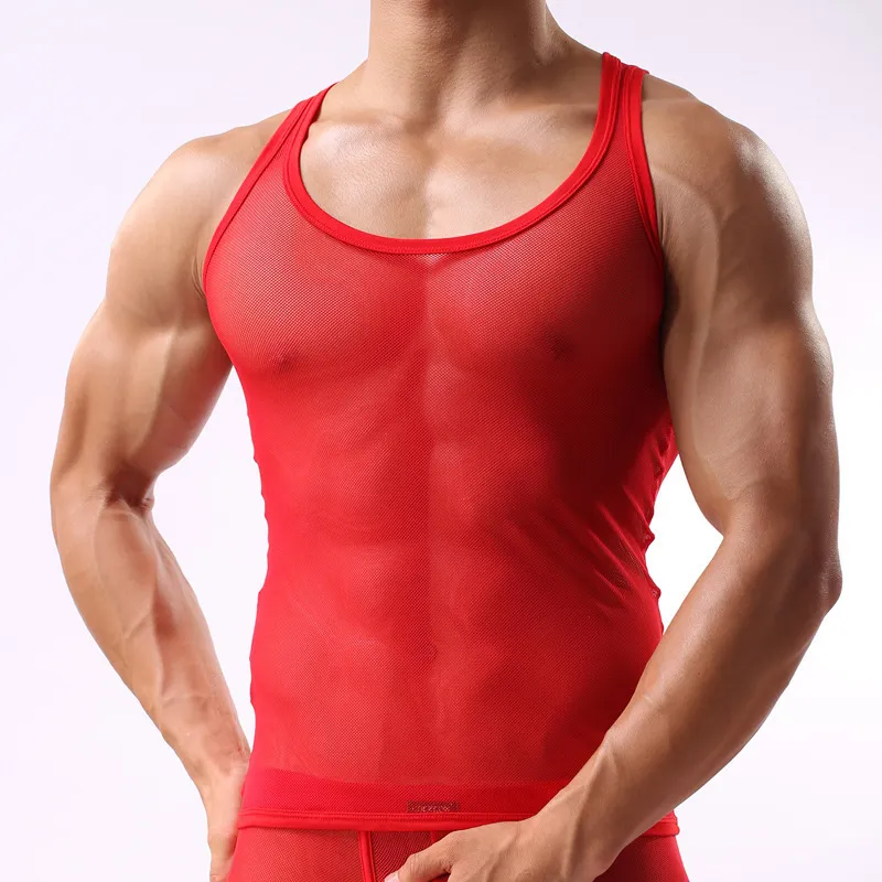 Sexy mannen tanktops met transparante mesh -stof zie hoewel mesh mouwloze ademende transparant strakke vest 220527