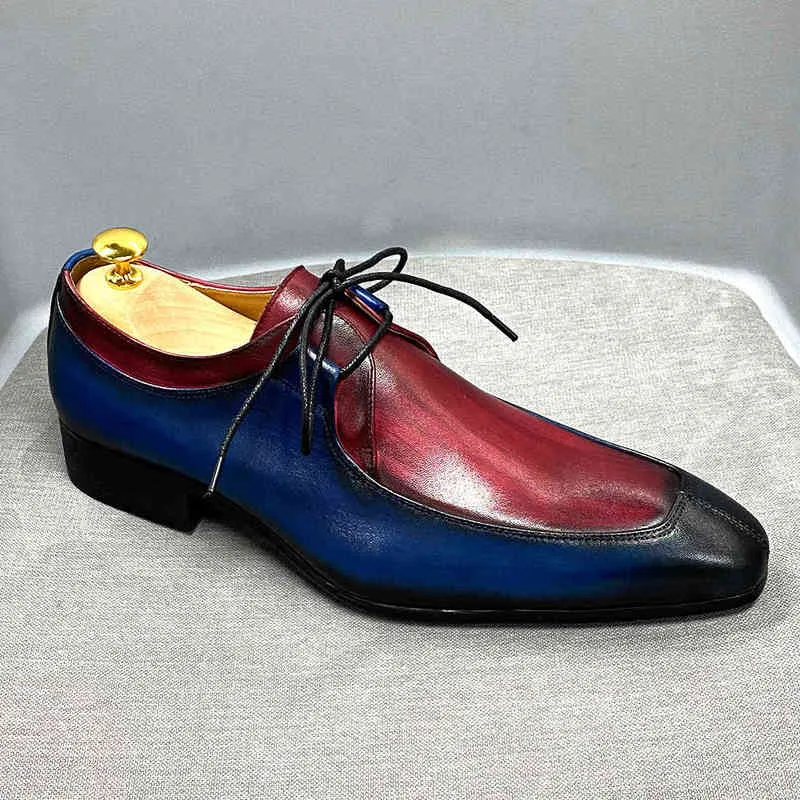 أحذية أكسفورد للرجال باللون الأزرق والأحمر ذات الألوان المختلطة تصميم أحذية من جلد البقر الأصلي أحذية رسمية برباط للمكتب