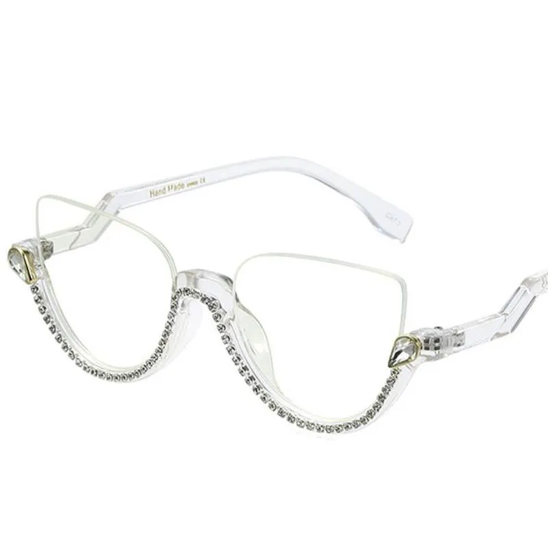 Солнцезащитные очки прозрачные бриллианты кошачьи бокалы для чтения, женщины мода против синего света, полумочная страна, роскошные дизайнерские очки 3S225p