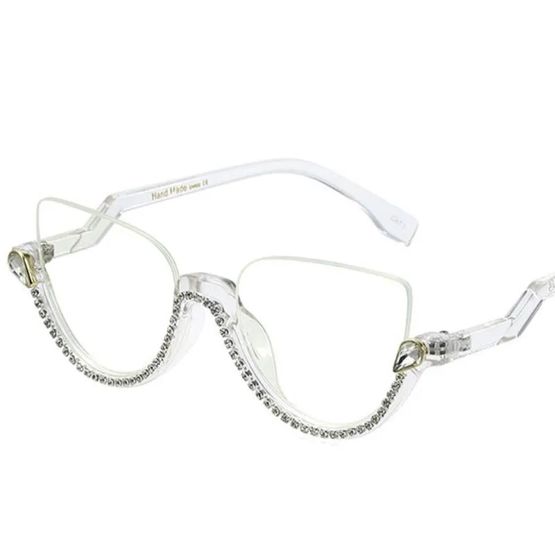 Solglasögon Clear Diamond Cat Eye Reading Glasses Women mode Anti Blue Light Half Frame Rhinestone Luxury Designer Eyeglasses 3S245V