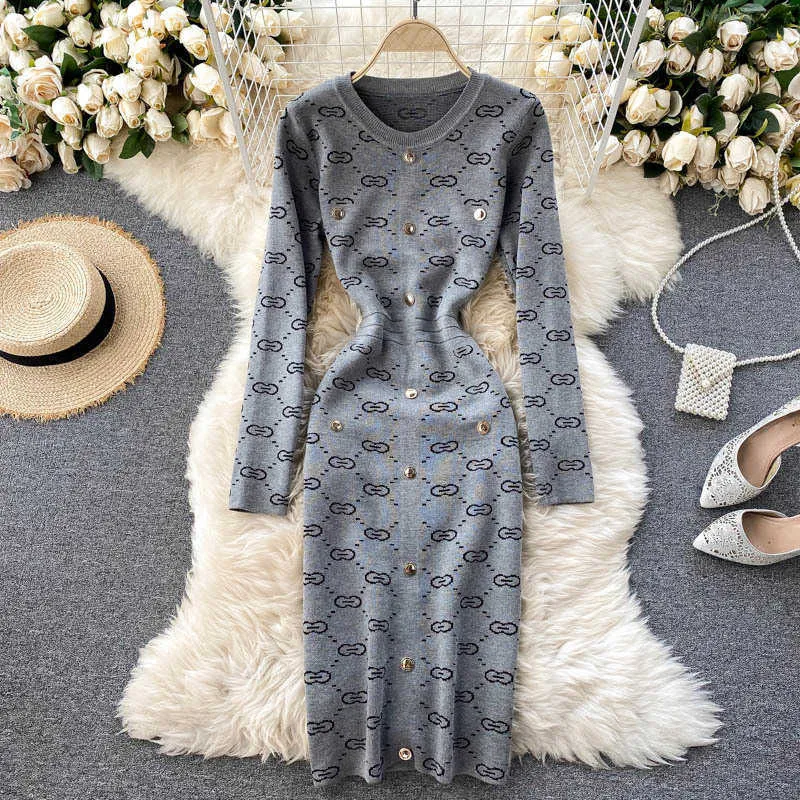 Вязаное платье-свитер, женское осенне-зимнее новое модное жаккардовое платье в стиле ретро с круглым вырезом, облегающее платье, облегающее платье, Vestidos