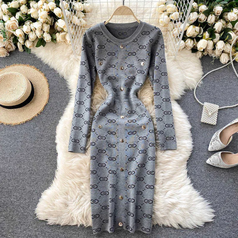 Knitted Sweater Dress Women's Autumn Winter New Fashion Retro Round Neck Jacquard Tight Package Hip Vestidos