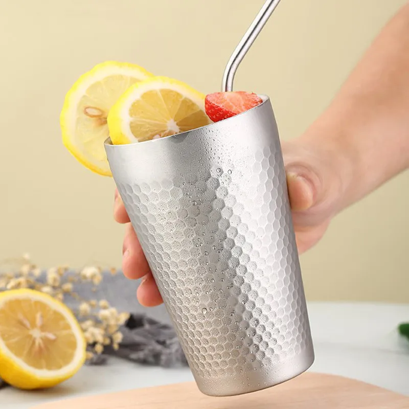 50 Stück doppelwandige Becher aus 304 Edelstahl mit Hammer-Diamant-Textur, Kaffeetasse, Bierbecher, Wasserbecher, doppelwandig, verhindert Verbrühungen