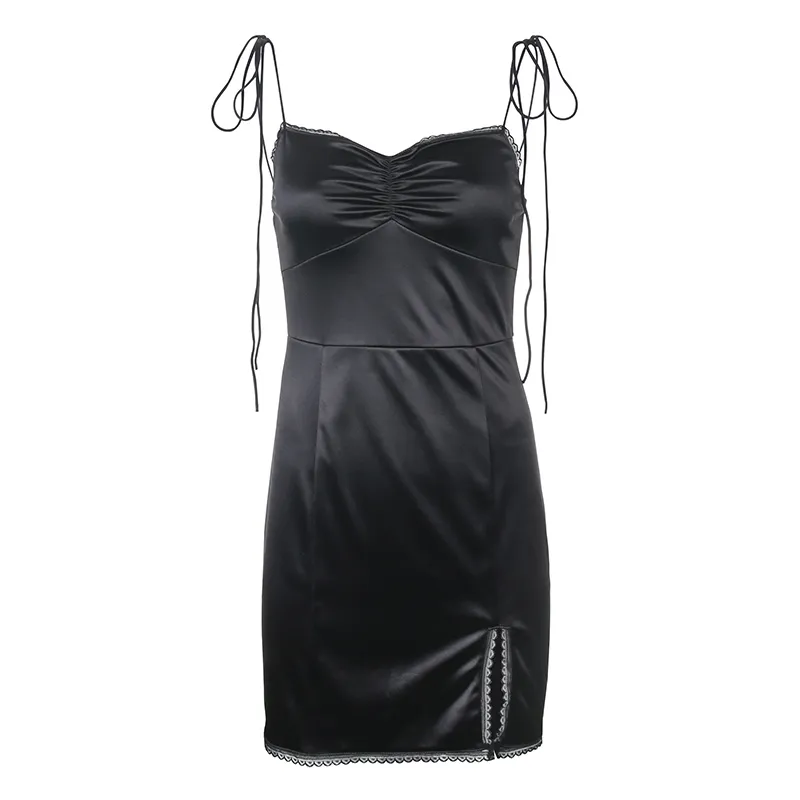 Darlingaga Strappy Satin Ruched Black Dress Mini Lace Spliced Side Split Sexy Female Sundress Backless Ladies es 220521