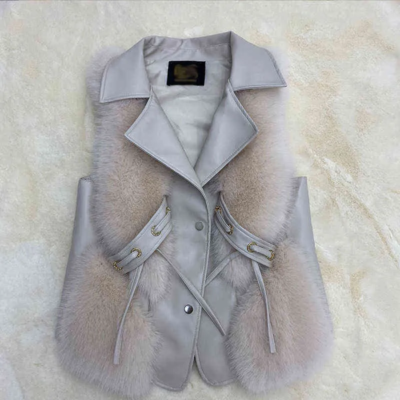 HJQJLJLS 2021 New Luxury Quality Faux Fur Vest Women Turn Down Collar Faux Leather Patchwork Coat Pink White Fur Jacket T220716