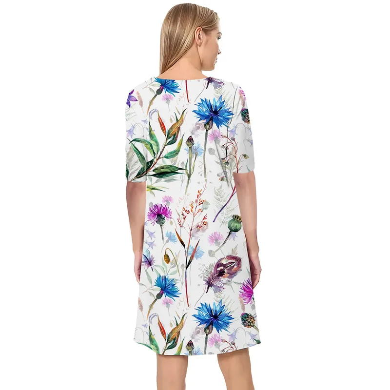 Frauen Kleid Vintage Floral 3D Gedruckt V-ausschnitt Lose Beiläufige Kurzarm Etuikleid für Weibliche Kleider Weißes Kleid 220616