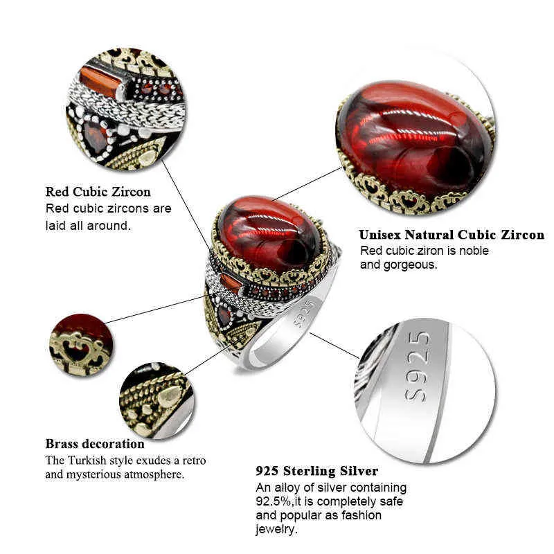 Verkliga rena vintage ringmän 925 turkiska naturliga thailändska sterling silver klassiska röda färg zirkonstenar för kvinnor smycken gåva h28865703