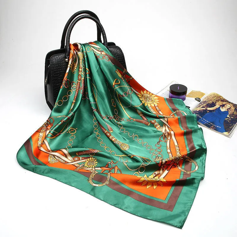 Large Hijab Scarves For Women Fashion Print Silk Satin Scarf Female 90cmx90cm Luxury Brand Square Shawls Head Scarfs For Ladies 220516