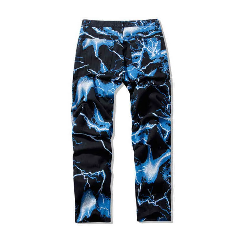 2021 Vibe Style Lightning Print Tie Dye Mężczyźni Proste Y2K Dżinsy Spodnie Hip Hop Vintage Harajuku Kobiety Denim Spodnie Ropa H220414