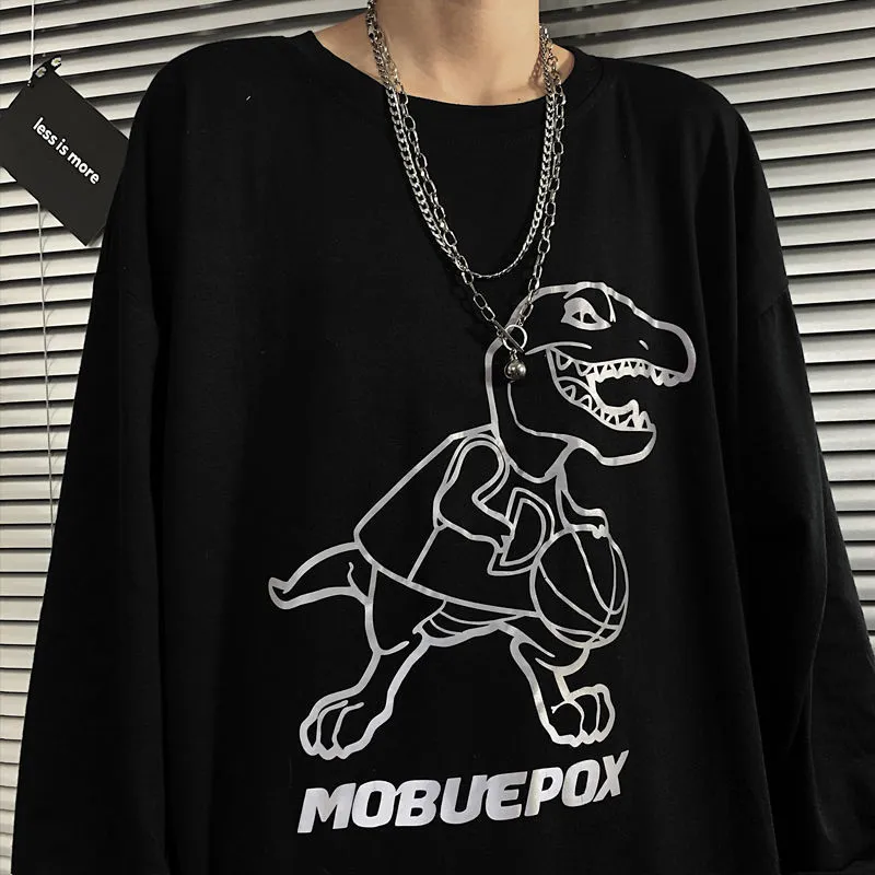 Dinosaur Reflective Tshirt Streetwear Men Hip Hop Oversize Sweatshirt Japan Harajuku Tops Cotton White Autumn Rock T Shirt Male 220608