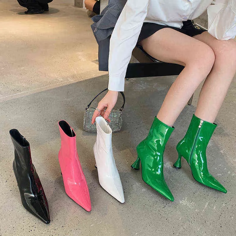 2022 Winter Luxe dames Patent Leather enkelschoenen Western Pointed Teen Green High Heels Short Boot Designer Party Fashion Shoes Y220706