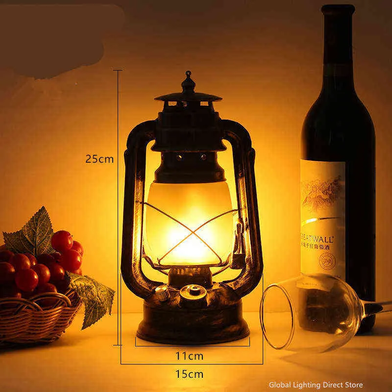 25 cm creativo recargable retro linterna portátil al aire libre camping lámpara de queroseno luz nocturna dinámica llama luz LED lámpara de mesa 2 W220330