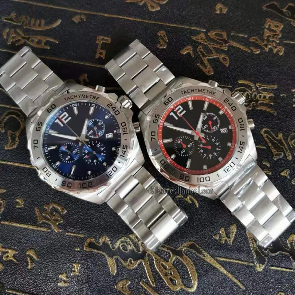 Mens relógios rosto azul esportes estilo de corrida Japão VK movimento de quartzo multifuncional cronógrafo pulseira de metal 45mm relógios de pulso Hanb292g