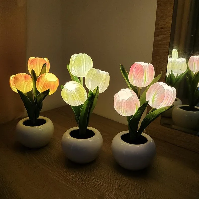 Lampade da tavolo LED TULIP Flowerpot Lampada Pink Room Decor Simulation Ceramic Atmosfera Night Light Home OrnamentStable246r
