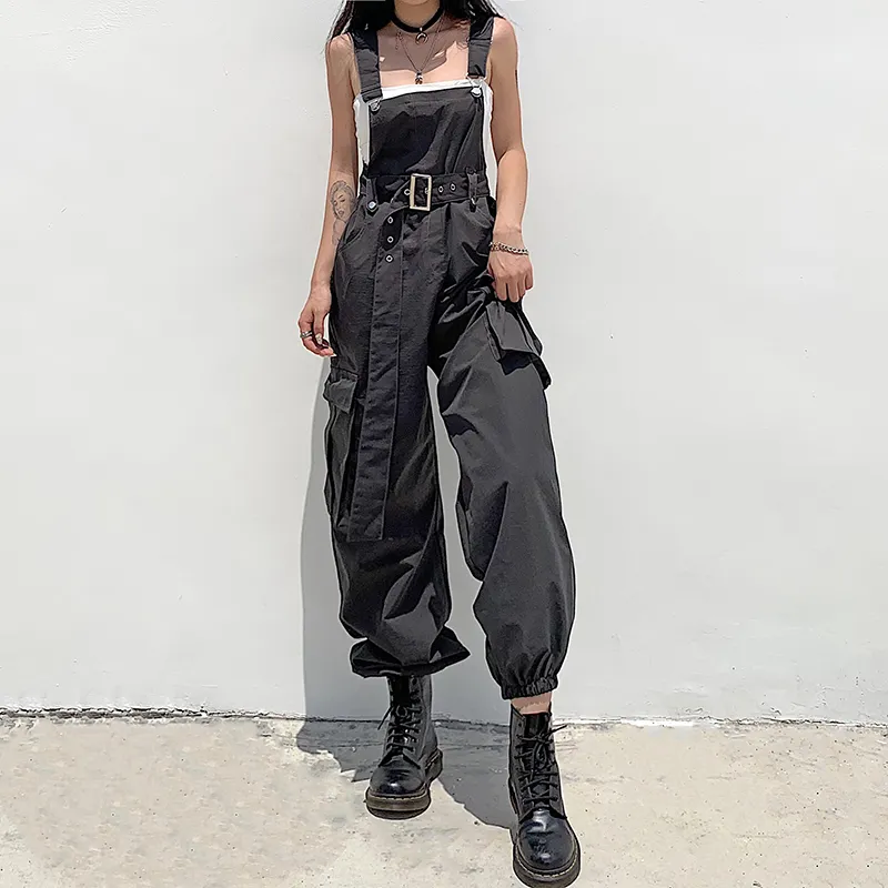 Rockmore Gothic Black Overalls Cargo Broek Sling Bow Begrote Dungarees Wide Poot Casual Broeken Oversized 220325