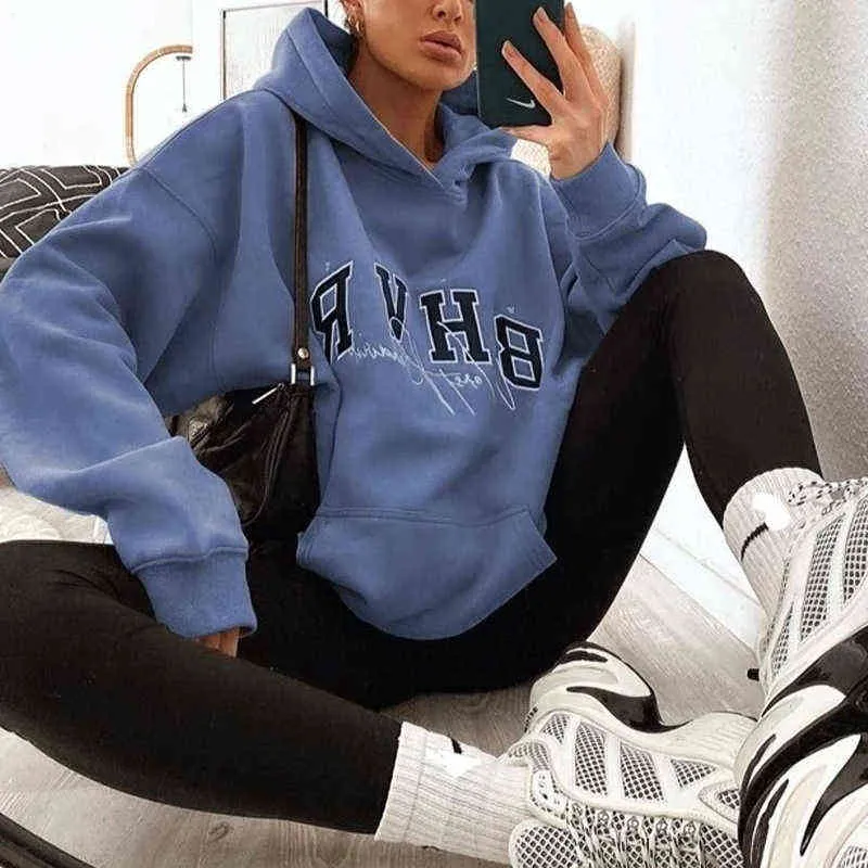 Kırmızı harfler baskı vintage kalın sıcak büyük boy hoodies kadın sweatshirt kış kazakları yeni marka moda üstleri genç kıyafetler T220726