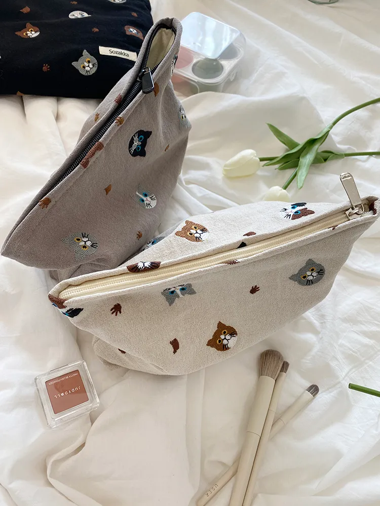 Cute Cat Makeup Bag Japan Style Cosmetic Organizer For Women Make Up Pouch Cotton Fabric Travel Cosmetic Bag Zipper Beauty Case 221043863
