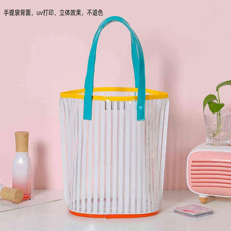 PVC Stripe Printing Portable Cosmetic Bag Women's Fashion Large Capacity Washing Beach Bag 220625