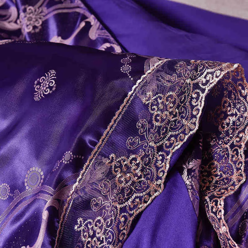 Dropshipping Wedding Duvet Cover Set Golden Jacquard Bedding Set Lace Flat Sheet 3 / European Luxury Royal Blue N2 G220215