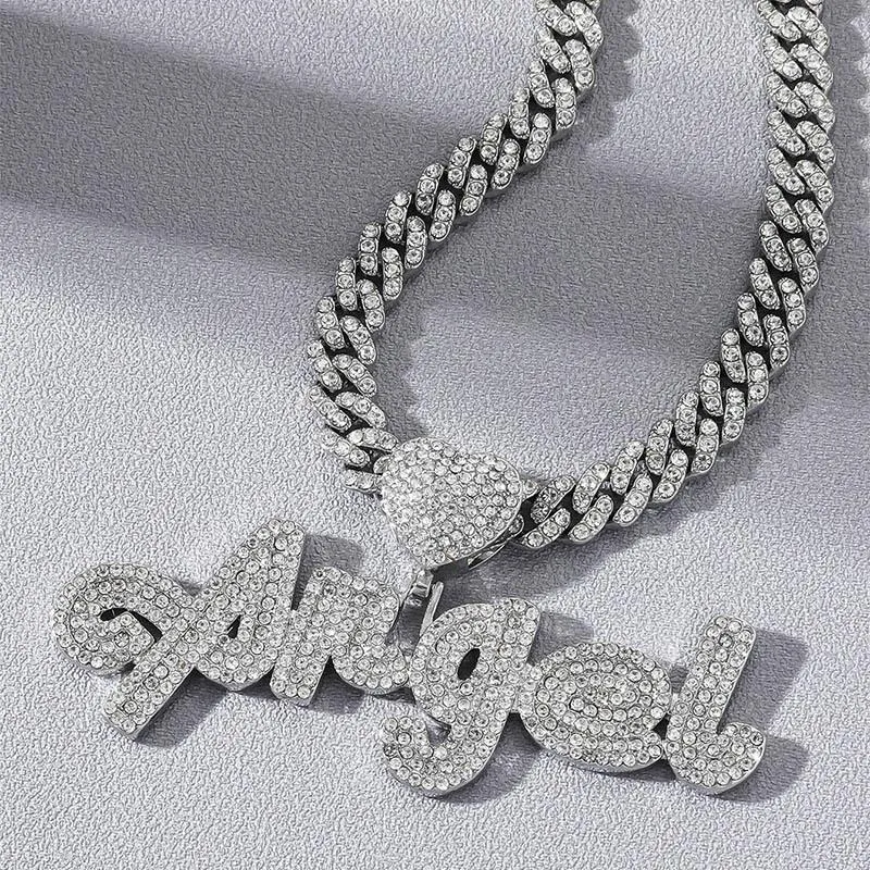 Ожерелья с подвесками Iced Out Chain Bling Хип-хоп Ожерелье в форме сердца CZ Цирконий Буква АНГЕЛ Шарм Мужчины Женщины Мода Jewelr249w