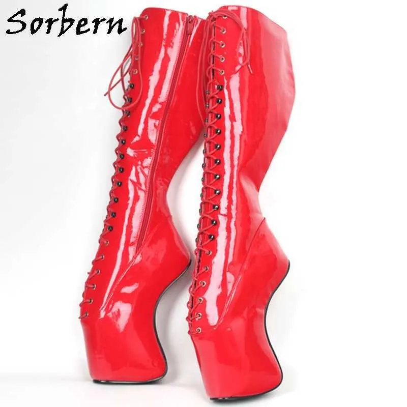 Sorbern Lace Up Knee-High Ballet Wedge Boots Fetish Dominatrix Hoof Heelless Mid Calf Boots For Women Shoes 18Cm High Heel 2018