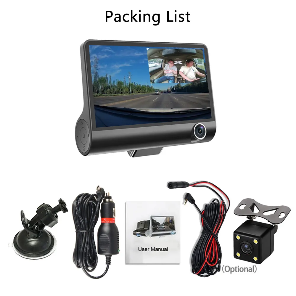4'' Three-way Car DVR Camera Three Lens Video Registrator Dash Cam Video Recorder G-sensor Auto Dashcam Driving Recorder