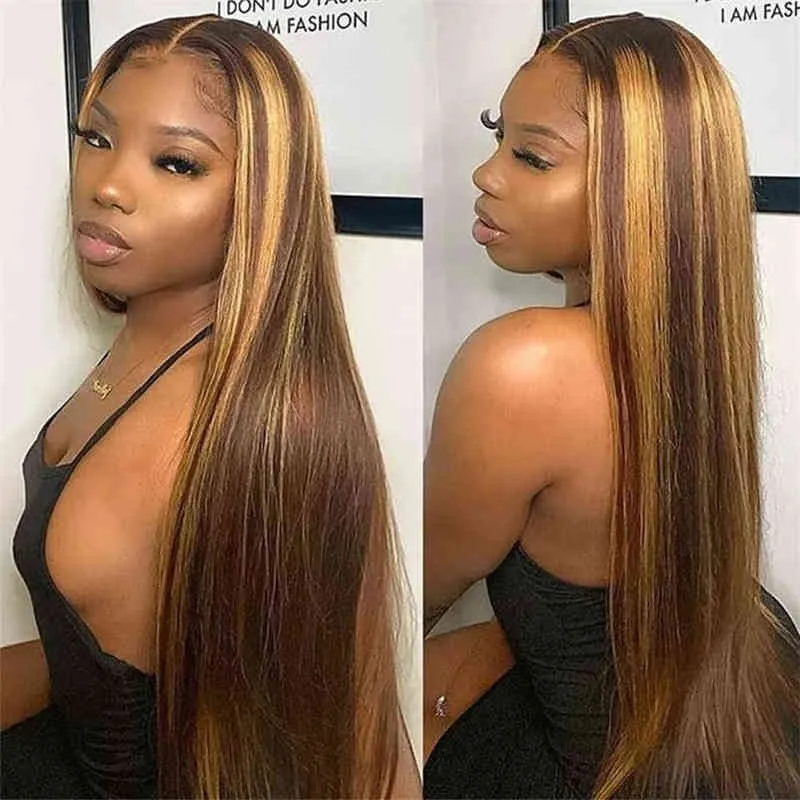 Perruques de cheveux raides à reflets t Lace Wig humaine pour femmes couleur marron avant 220722