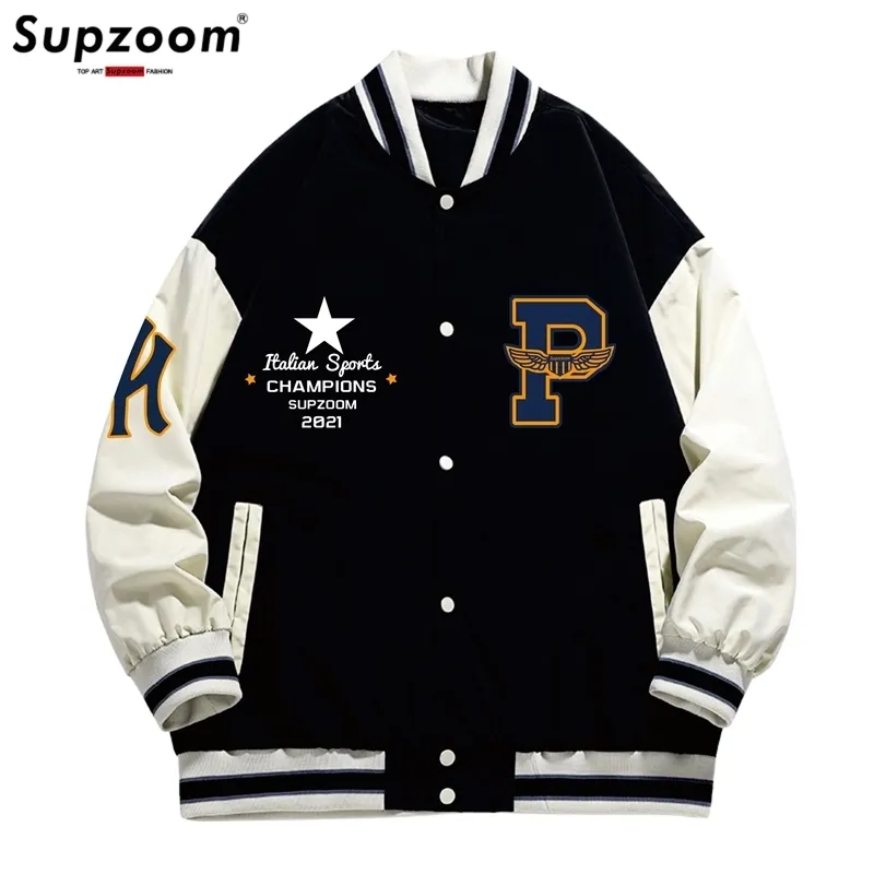 Supzoom 도착 레터 리브 슬리브 탑 패션 싱글 가슴 캐주얼 폭격기 야구 재킷 느슨한 가디건 코트 220816