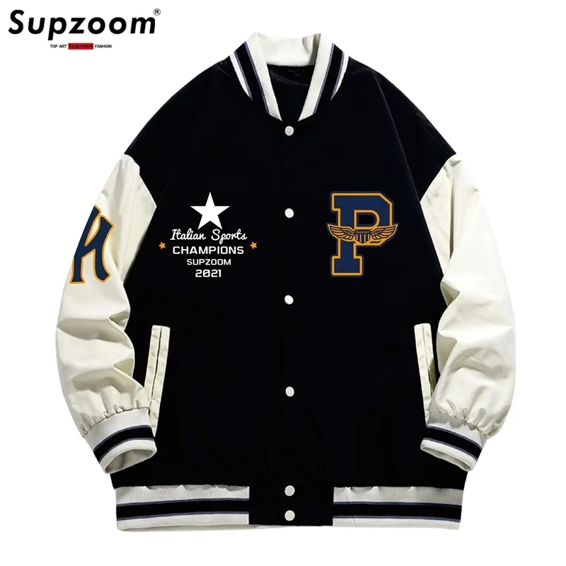 Supzoom ankomstbrev Rib Sleeve Top Fashion Single Breasted Casual Bomber Baseball Jacket Loose Cardigan Coats 220816