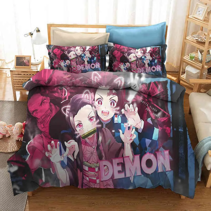 2/3 Stück Demon Slayer Bettwäsche-Set 3D-Druck Japan Anime Bettbezug Cartoon für Schlafzimmer Bett Kissenbezug keine Bettwäsche