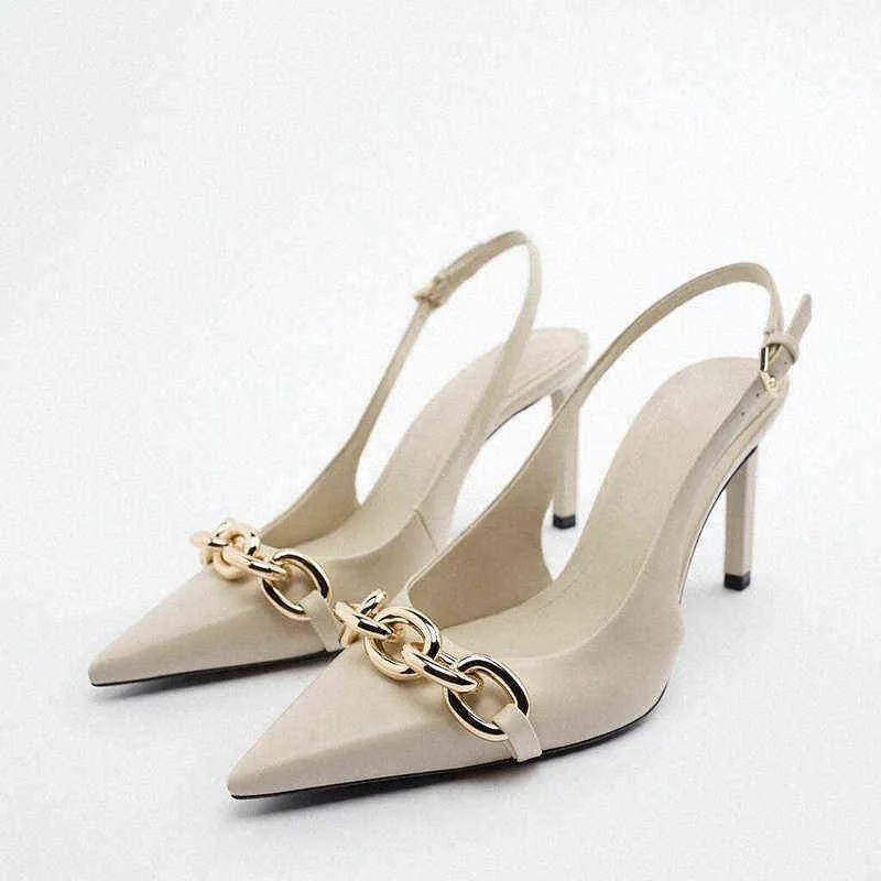 2022 Metallisk Slingback High Heeled Shoes Women Sexig V-Cut Vamp Party Pump Woman Fashion Long Pointed Toe Heels Black Sandals G220527