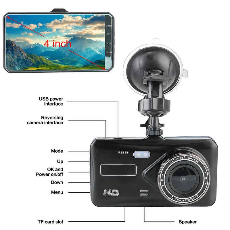 자동차 DVR 카메라 대시 캠 후면 카메라 듀얼 렌즈 터치 스크린 HD P 비디오 레코더 GSENSOR WDR DASHCAM G 카드 액세서리 J220607