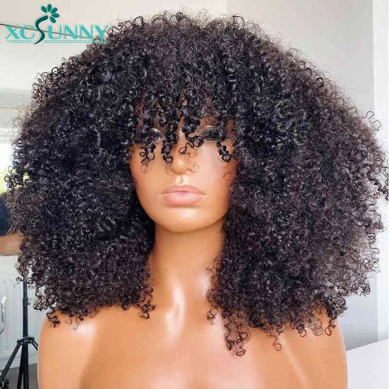 Afro kinky krullende pruik met een pony Volledige machine gemaakt hoofdhuid top 200 dichtheid Remy Braziliaans kort menselijk haar S xcsunny 220707