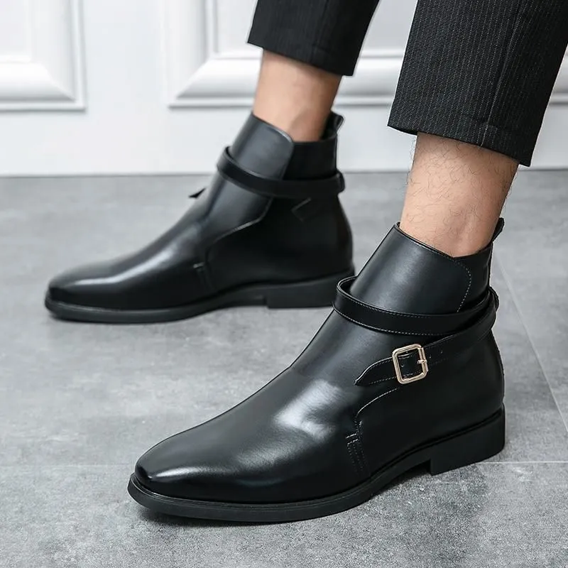 Men Ankle Boots Business Formal Shoes Low Heel Buckle Round Toe Decoration British Style Fashion Retro Versatile DH903