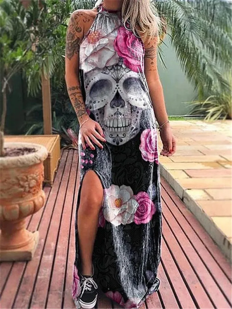 Mulheres com mangas de verão Prinha de flor de flores Halter Mulheres punk gótico gótico sexy midi fora ombro elegante fenda es 220521