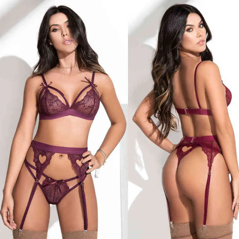 Trois pièces ensembles sexy porno lingerie femmes dentelle bandage bralette soutiens-gorge porte-jarretelles sous-vêtements string vêtements de nuit érotiques ensembles de sexe L220727