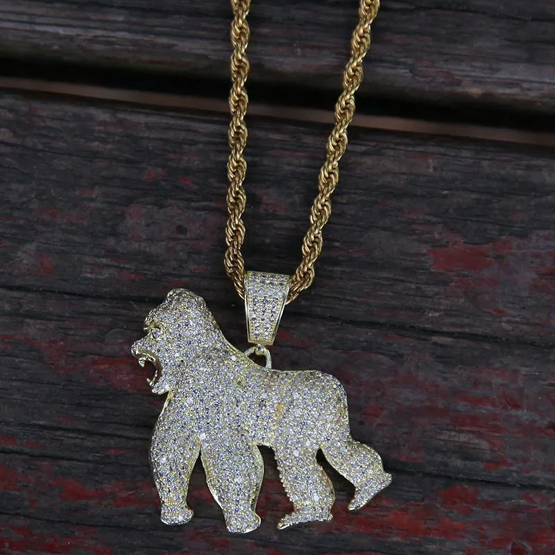 Pendant Necklaces Hip Hop CZ Stone Paved Bling Iced Out Gorilla Animal Pendants For Men Rapper Jewelry Black Gold Silver ColorPend292E