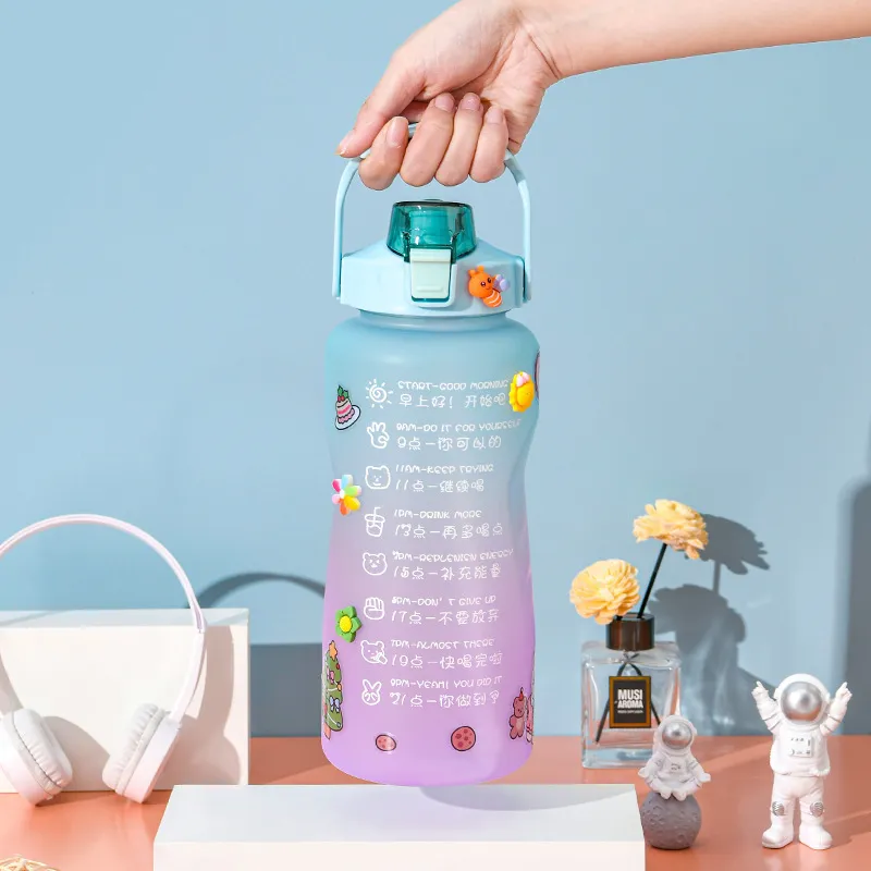 Botella de agua de 2 litros, botella para beber motivacional, botella de agua deportiva con pegatinas de marcador de tiempo, vasos de plástico reutilizables portátiles 22193P
